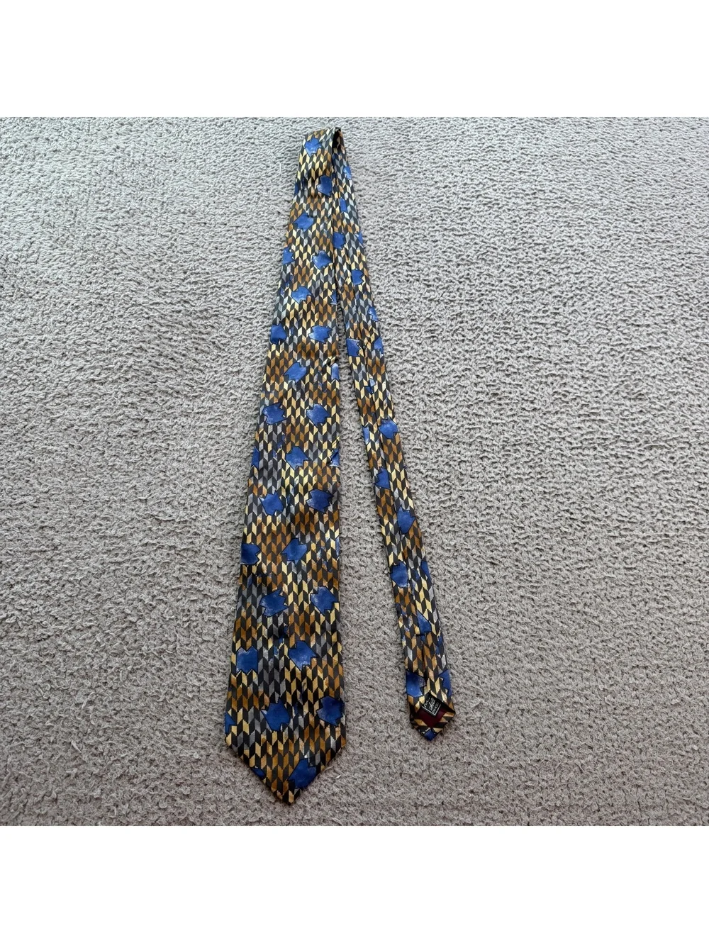 Vintage Gino Pompeii 100% Silk Geometric Abstract Wide Necktie Blue Gold Gray